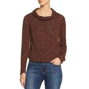 Eileen Fisher Two Tone Marled Knit Organic Cotton Blend Roll Funnel Neck Sweater